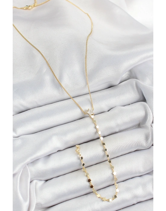 Pirinç Zirkon Taşlı Yıldız Figürlü Y Model Gold Renk Kadın Kolye