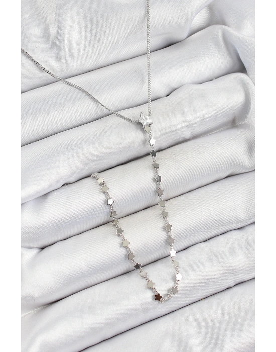 Pirinç Zirkon Taşlı Yıldız Figürlü Y Model Gümüş Renk Kadın Kolye