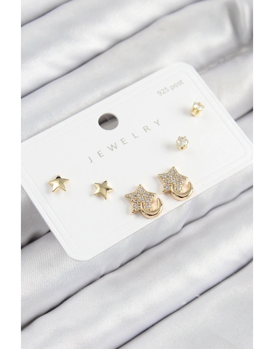 Pirinç Zirkon Taşlı Yıldız Model Gold Renk 925 Ayar Gümüş Çivi Kadın Küpe Set
