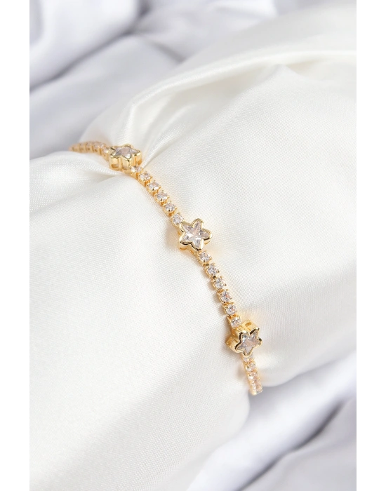 Pirinç Zirkon Taşlı Yıldız Model Gold Renk Asansörlü Kadın Bileklik