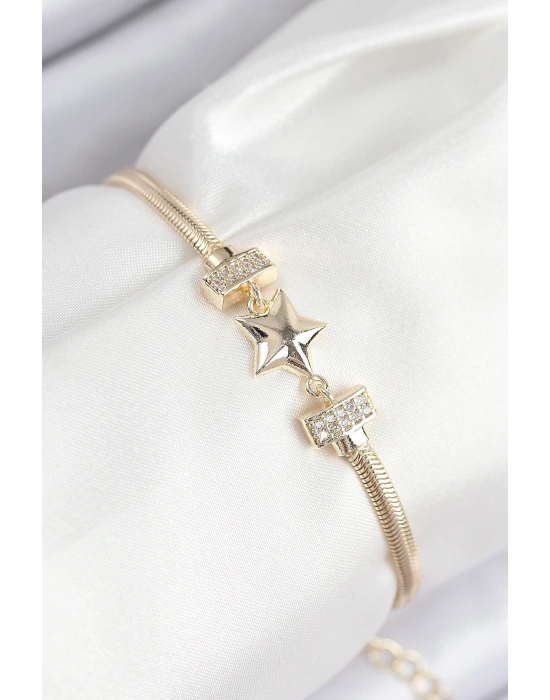 Pirinç Zirkon Taşlı Yıldız Model Gold Renk Kadın Bileklik