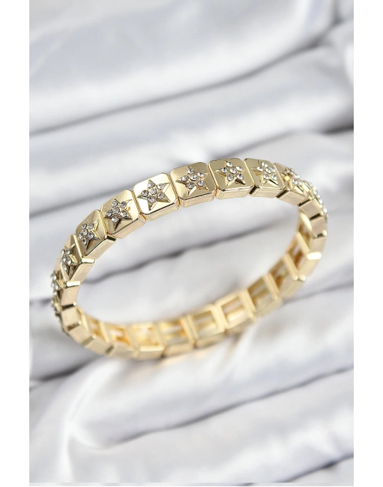 Pirinç Zirkon Taşlı Yıldız Model Gold Renk Lastikli Kadın Bileklik