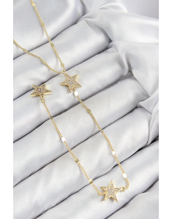 Pirinç Zirkon Taşlı Yıldız Model Gold Renk Y Kolye