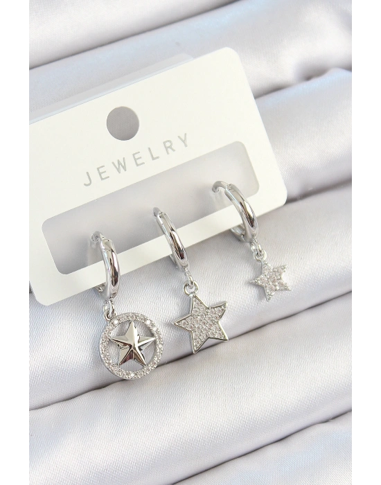 Pirinç Zirkon Taşlı Yıldız Model Gümüş Renk 3lü Çift Kadın Küpe Set