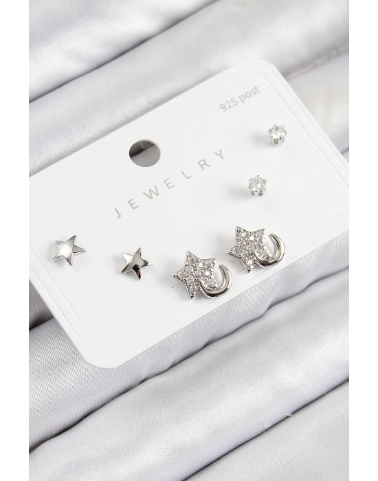 Pirinç Zirkon Taşlı Yıldız Model Gümüş Renk 925 Ayar Gümüş Çivi Kadın Küpe Set