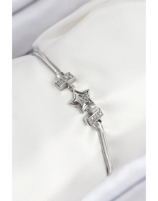 Pirinç Zirkon Taşlı Yıldız Model Gümüş Renk Kadın Bileklik