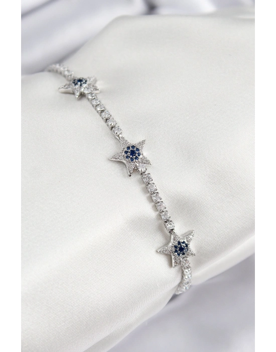 Pirinç Zirkon Taşlı Yıldız Model Gümüş Renk Kadın Bileklik