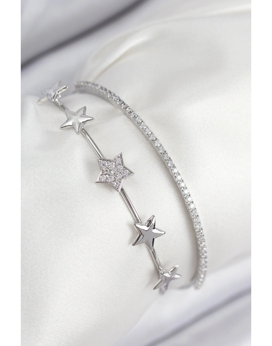 Pirinç Zirkon Taşlı Yıldız Model Gümüş Renk Kadın Bileklik