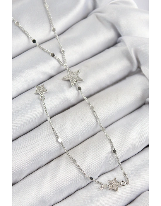 Pirinç Zirkon Taşlı Yıldız Model Gümüş Renk Y Kolye