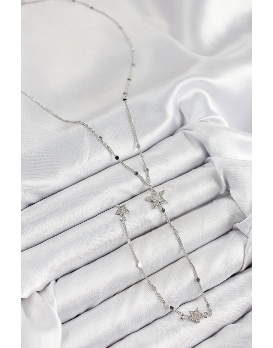 Pirinç Zirkon Taşlı Yıldız Model Gümüş Renk Y Kolye