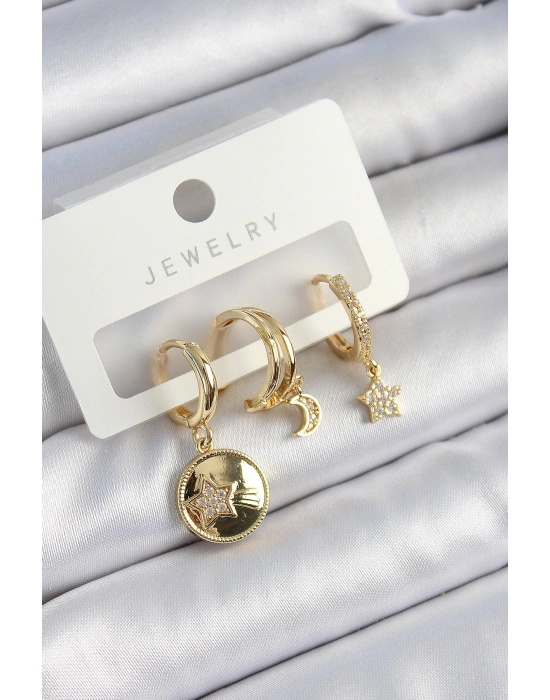 Pirinç Zirkon Taşlı Yıldız Ve Ay Model Gold Renk 3lü Çift Kadın Küpe Set