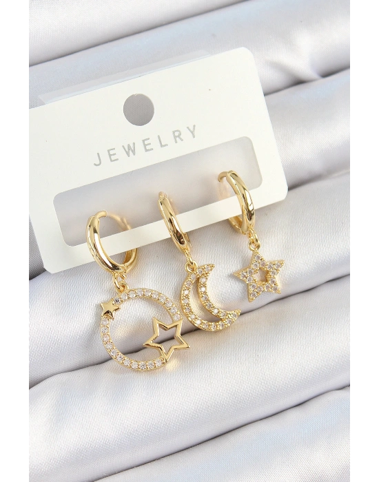 Pirinç Zirkon Taşlı Yıldız Ve Ay Model Gold Renk 3lü Kadın Küpe Set