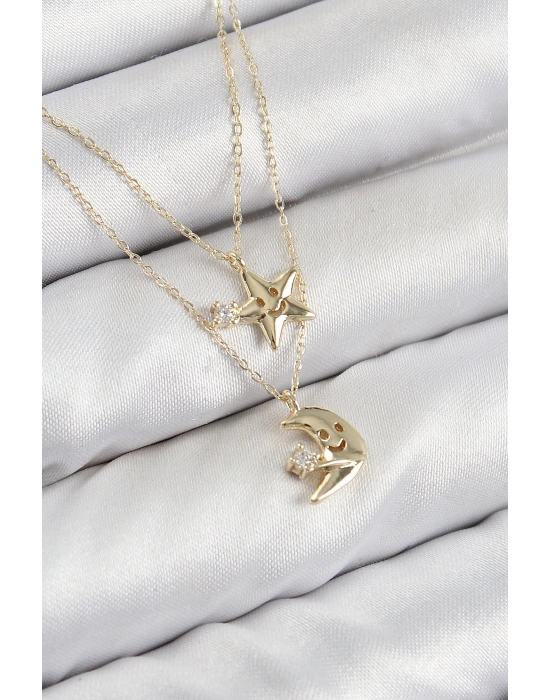Pirinç Zirkon Taşlı Yıldız Ve Ay Model Gold Renk Kadın Kolye