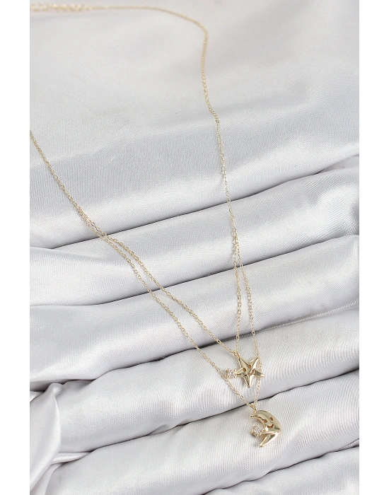 Pirinç Zirkon Taşlı Yıldız Ve Ay Model Gold Renk Kadın Kolye