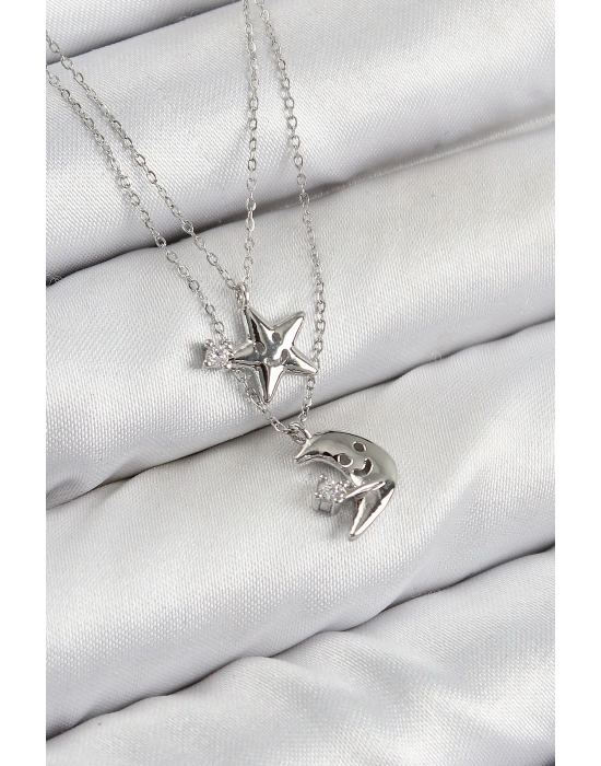 Pirinç Zirkon Taşlı Yıldız Ve Ay Model Gümüş Renk Kadın Kolye