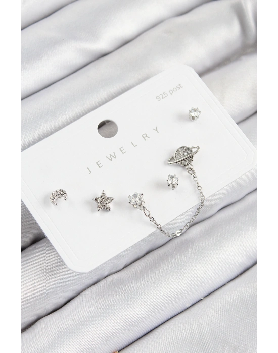 Pirinç Zirkon Taşlı Yıldız Ve Gezegen Model Gümüş Renk 925 Ayar Gümüş Çivi Kadın Küpe Set