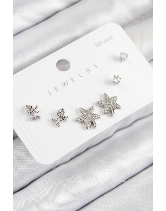 Pirinç Zirkon Taşlı Yıldız Ve Gül Model Gümüş Renk 925 Ayar Gümüş Çivi Kadın Küpe Set