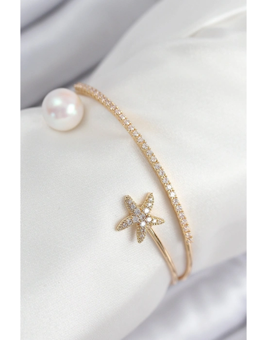 Pirinç Zirkon Taşlı Yıldız Ve İnci Model Gold Renk Kadın Bileklik