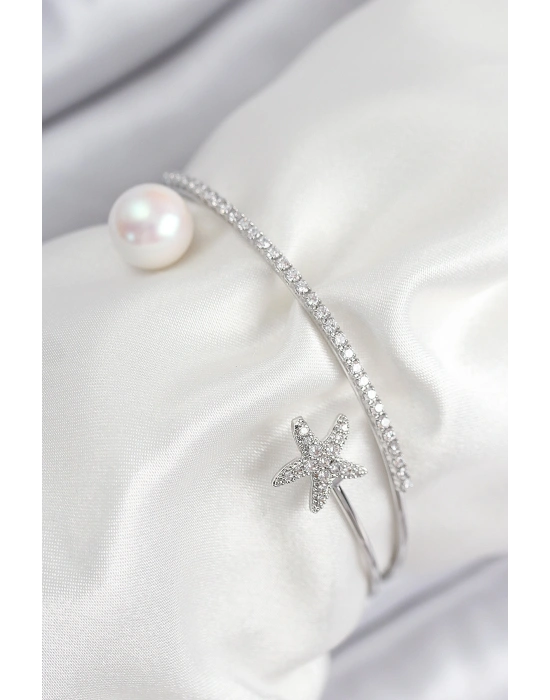 Pirinç Zirkon Taşlı Yıldız Ve İnci Model Gümüş Renk Kadın Bileklik