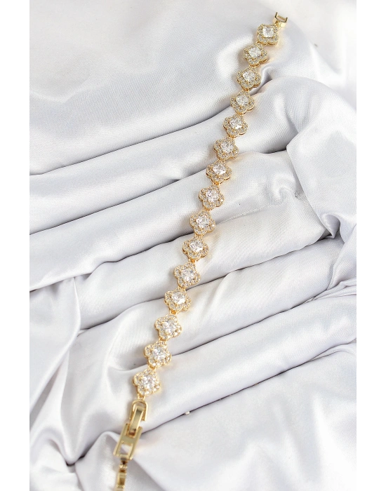 Pirinç Zirkon Taşlı Yonca Baget Model Gold Renk VIP Seri Kadın Bileklik