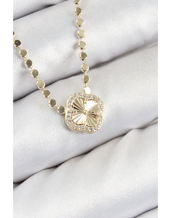 Pirinç Zirkon Taşlı Yonca Model Ezme Zincir Gold Renk Kadın Kolye