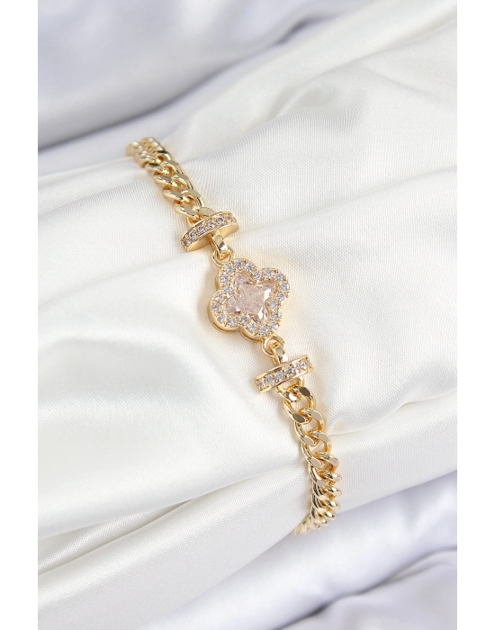 Pirinç Zirkon Taşlı Yonca Model Gold Renk Kadın Bileklik