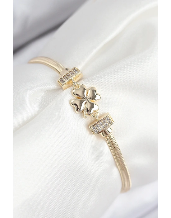 Pirinç Zirkon Taşlı Yonca Model Gold Renk Kadın Bileklik