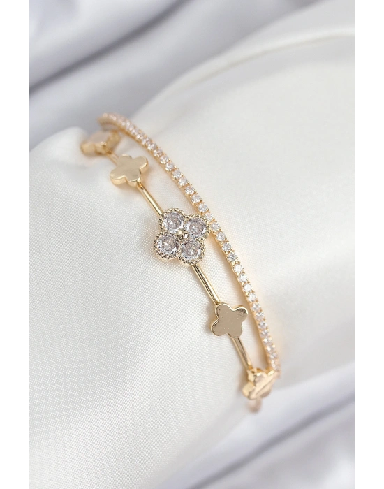 Pirinç Zirkon Taşlı Yonca Model Gold Renk Kadın Bileklik