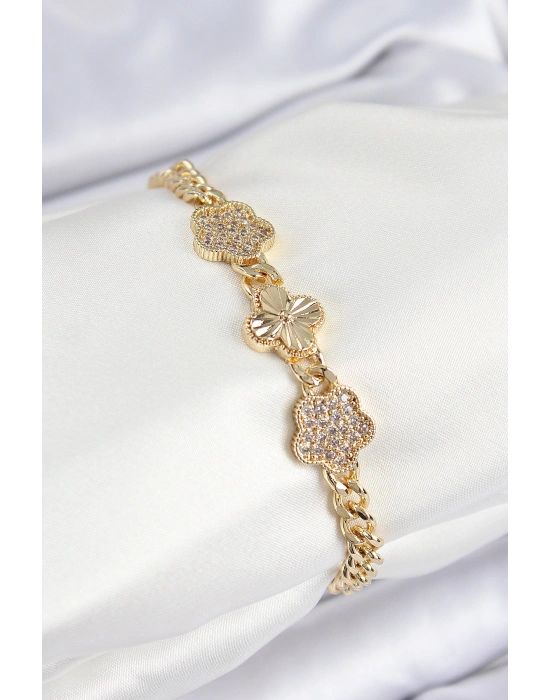 Pirinç Zirkon Taşlı Yonca Model Gold Renk Kadın Bileklik