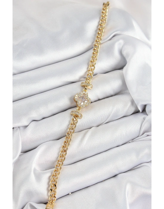 Pirinç Zirkon Taşlı Yonca Model Gold Renk Kadın Bileklik