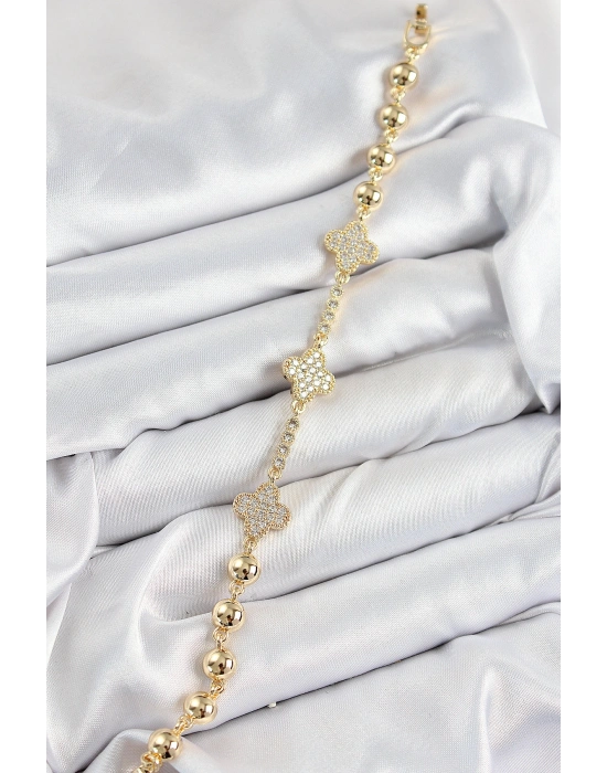 Pirinç Zirkon Taşlı Yonca Model Gold Renk Kadın Bileklik