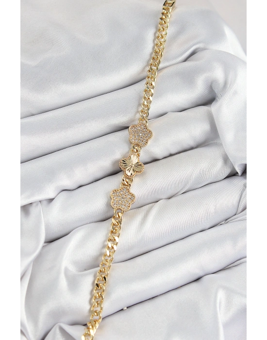 Pirinç Zirkon Taşlı Yonca Model Gold Renk Kadın Bileklik