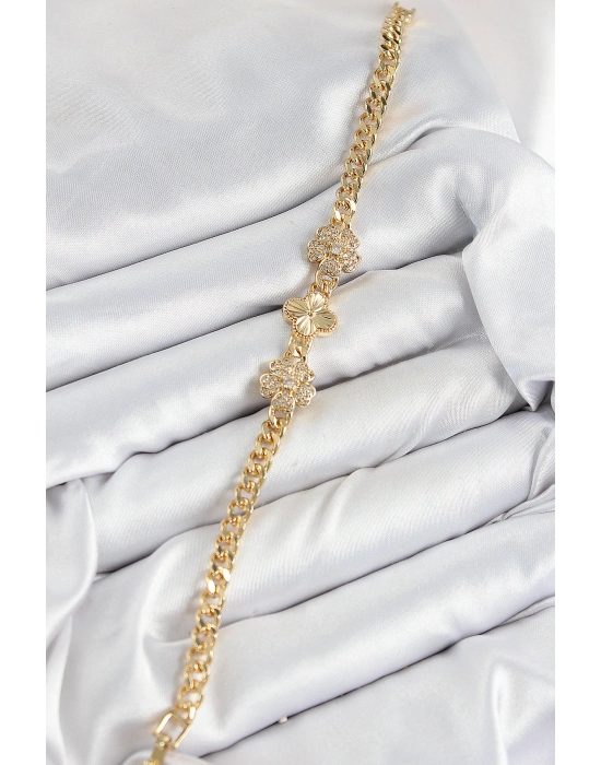 Pirinç Zirkon Taşlı Yonca Model Gold Renk Kadın Bileklik