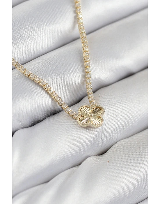 Pirinç Zirkon Taşlı Yonca Model Gold Renk Kadın Kolye