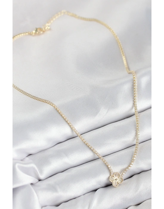 Pirinç Zirkon Taşlı Yonca Model Gold Renk Kadın Kolye