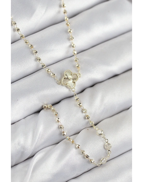 Pirinç Zirkon Taşlı Yonca Model Gold Renk Kadın Y Kolye