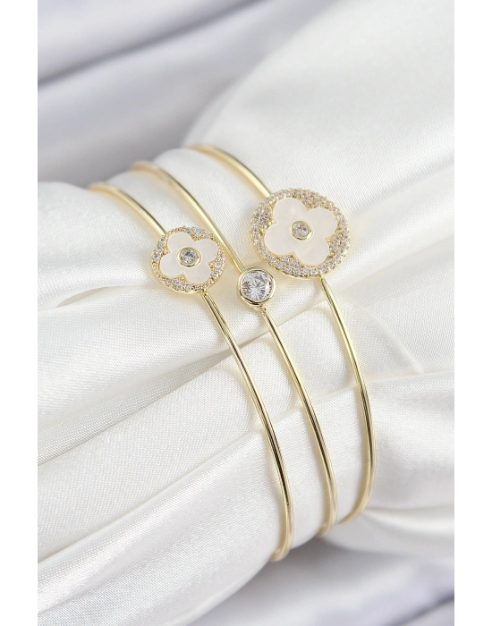 Pirinç Zirkon Taşlı Yonca Model Gold Renk Vip 3lü Kadın Bileklik