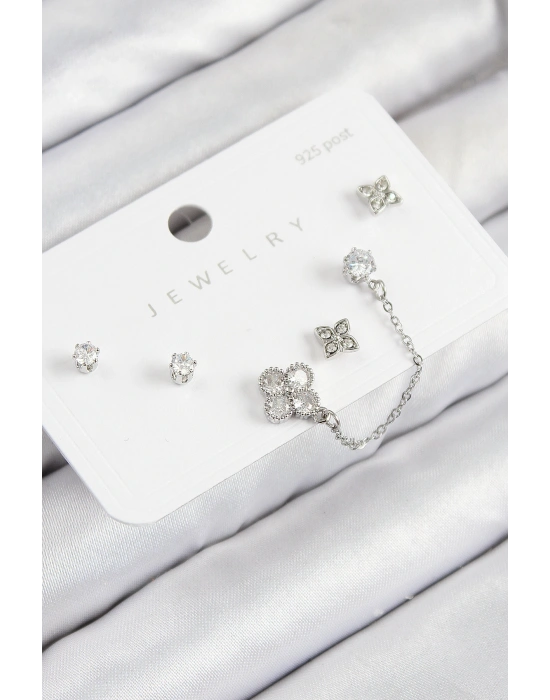 Pirinç Zirkon Taşlı Yonca Model Gümüş Renk 925 Ayar Gümüş Çivi Kadın Küpe Set