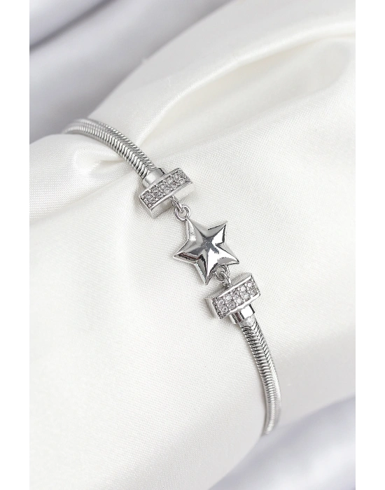 Pirinç Zirkon Taşlı Yonca Model Gümüş Renk Kadın Bileklik