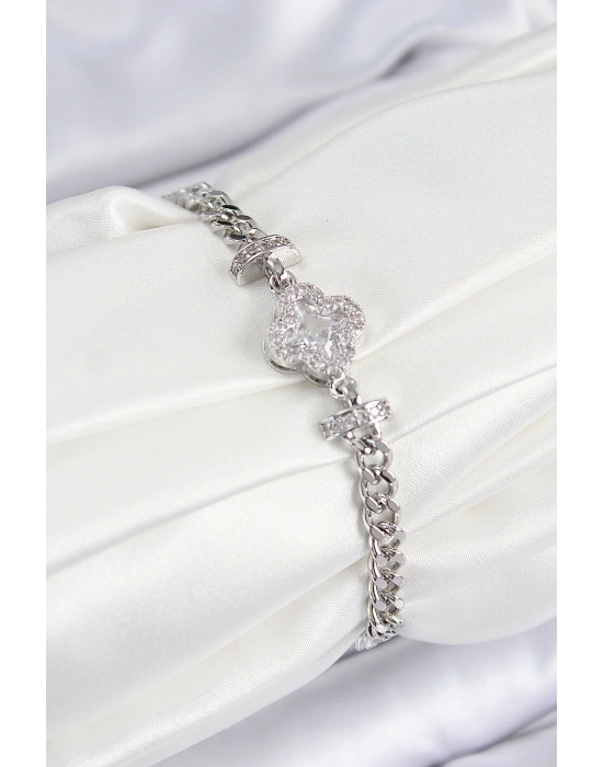 Pirinç Zirkon Taşlı Yonca Model Gümüş Renk Kadın Bileklik