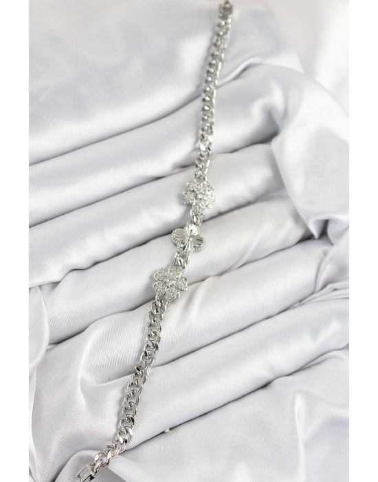 Pirinç Zirkon Taşlı Yonca Model Gümüş Renk Kadın Bileklik