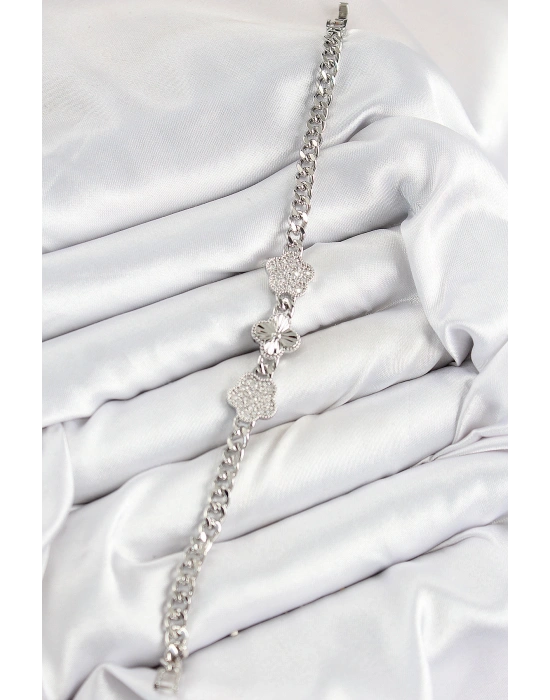 Pirinç Zirkon Taşlı Yonca Model Gümüş Renk Kadın Bileklik