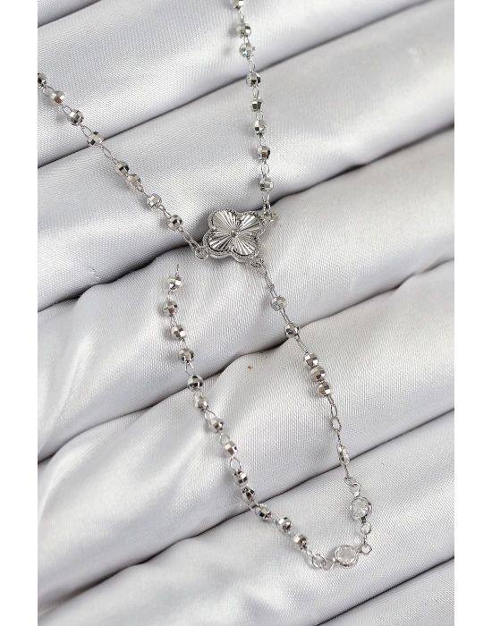 Pirinç Zirkon Taşlı Yonca Model Gümüş Renk Kadın Y Kolye