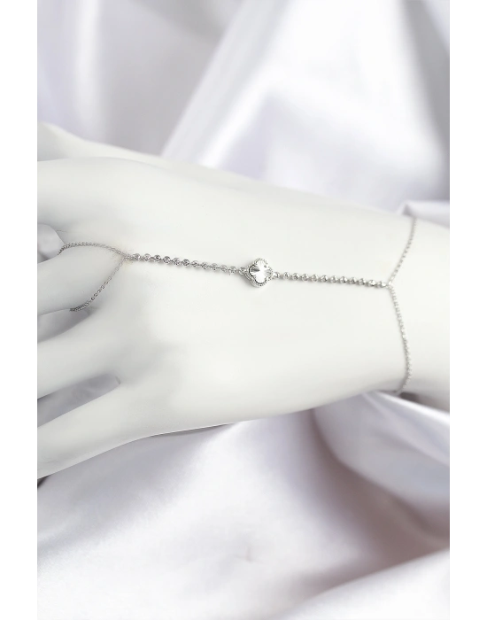 Pirinç Zirkon Taşlı Yonca Model Gümüş Renk Şahmeran