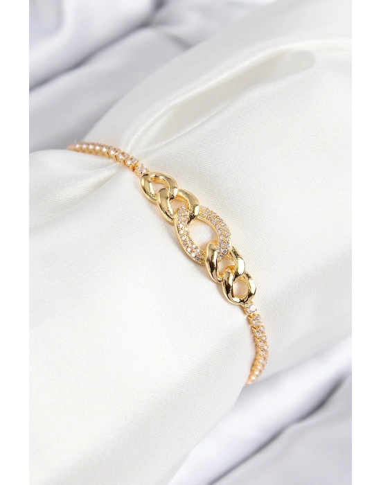 Pirinç Zirkon Taşlı Zincir Model Gold Renk Asansörlü Kadın Bileklik