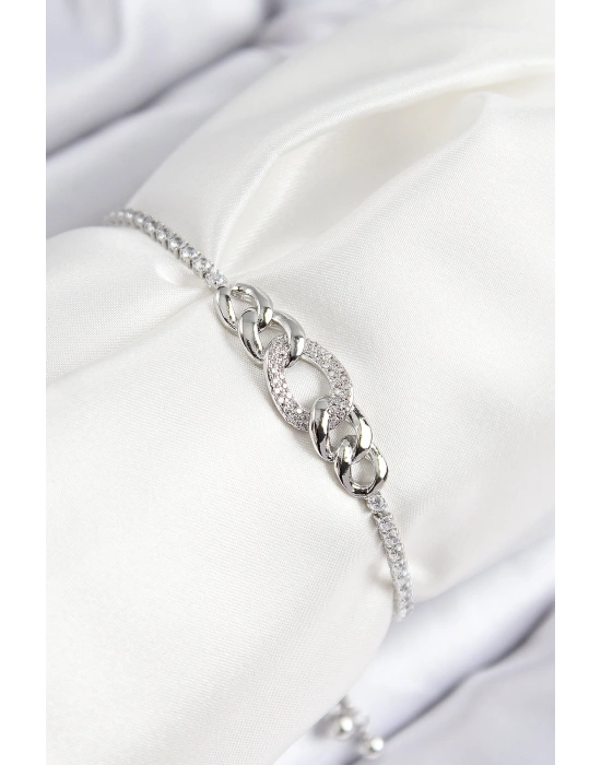 Pirinç Zirkon Taşlı Zincir Model Gümüş Renk Asansörlü Kadın Bileklik