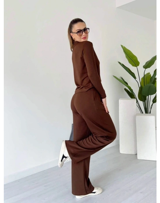 Polo yaka alt üst kollu modal takım kahve pt