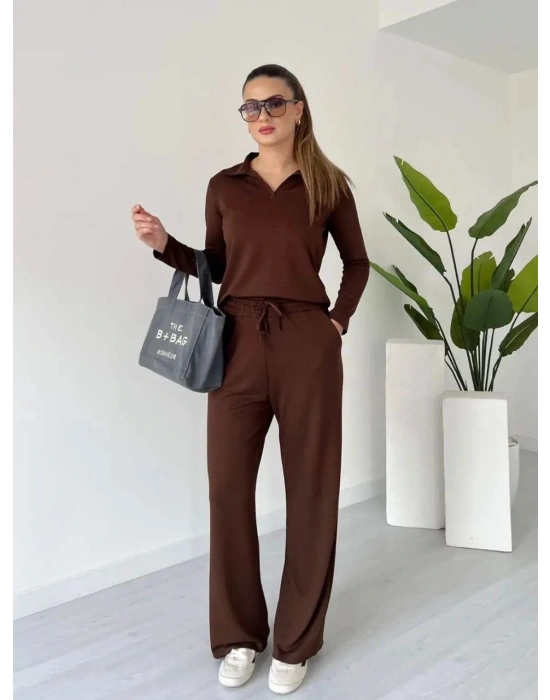 Polo yaka alt üst kollu modal takım kahve pt