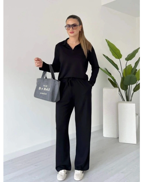 Polo yaka alt üst kollu modal takım siyah pt