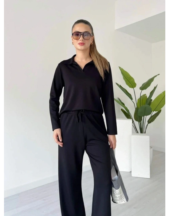 Polo yaka alt üst kollu modal takım siyah pt